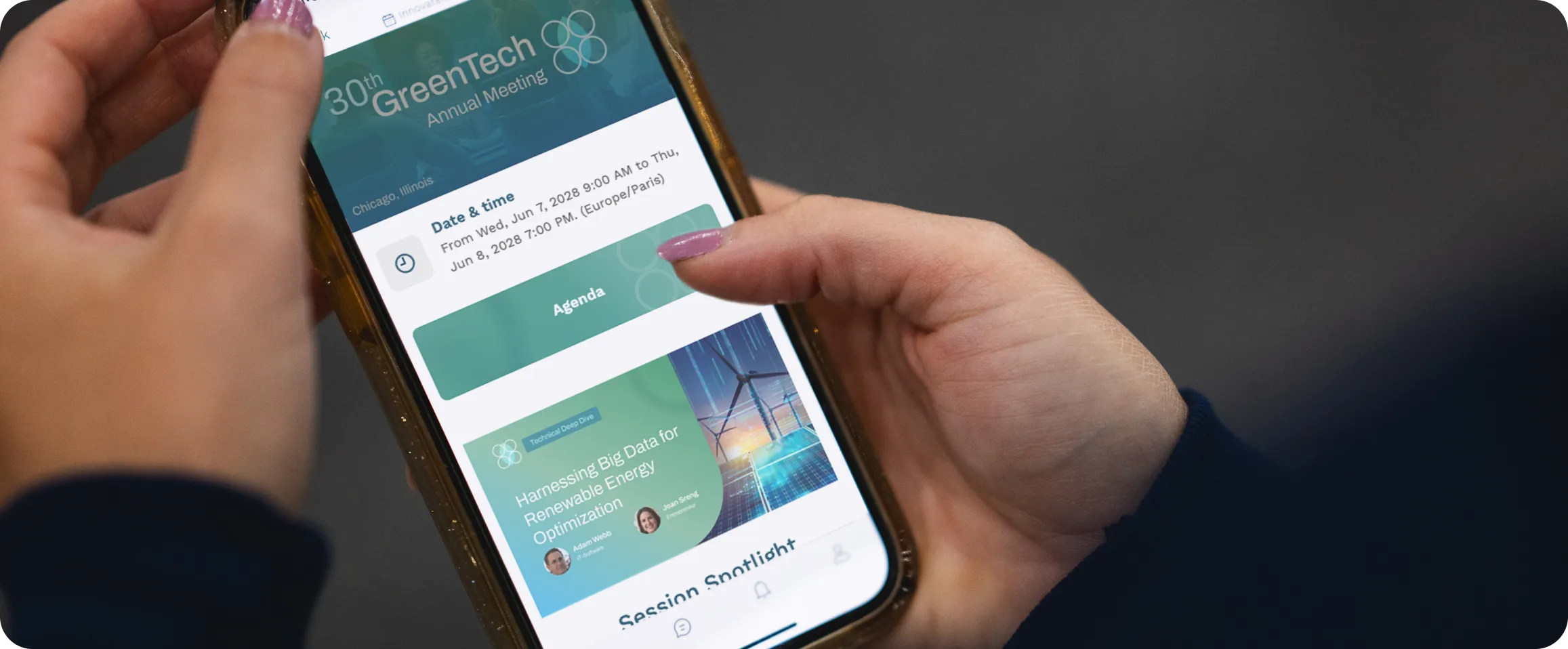 Attendee at in-person event viewing event home page on the mobile swapcard app